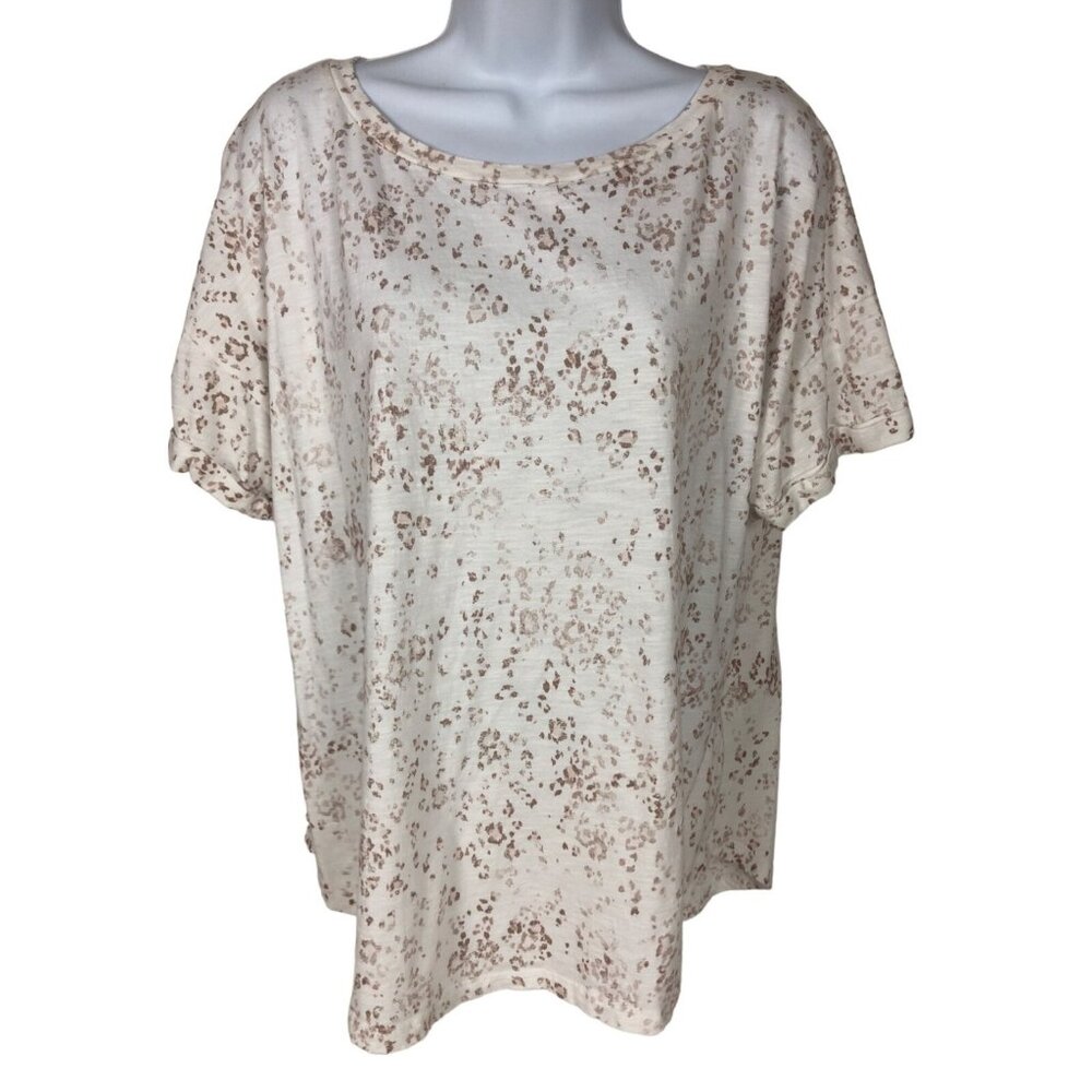 24/7 Top Women Size XXL White w Tan Brown Short Sleeves T shirt Round Neckline